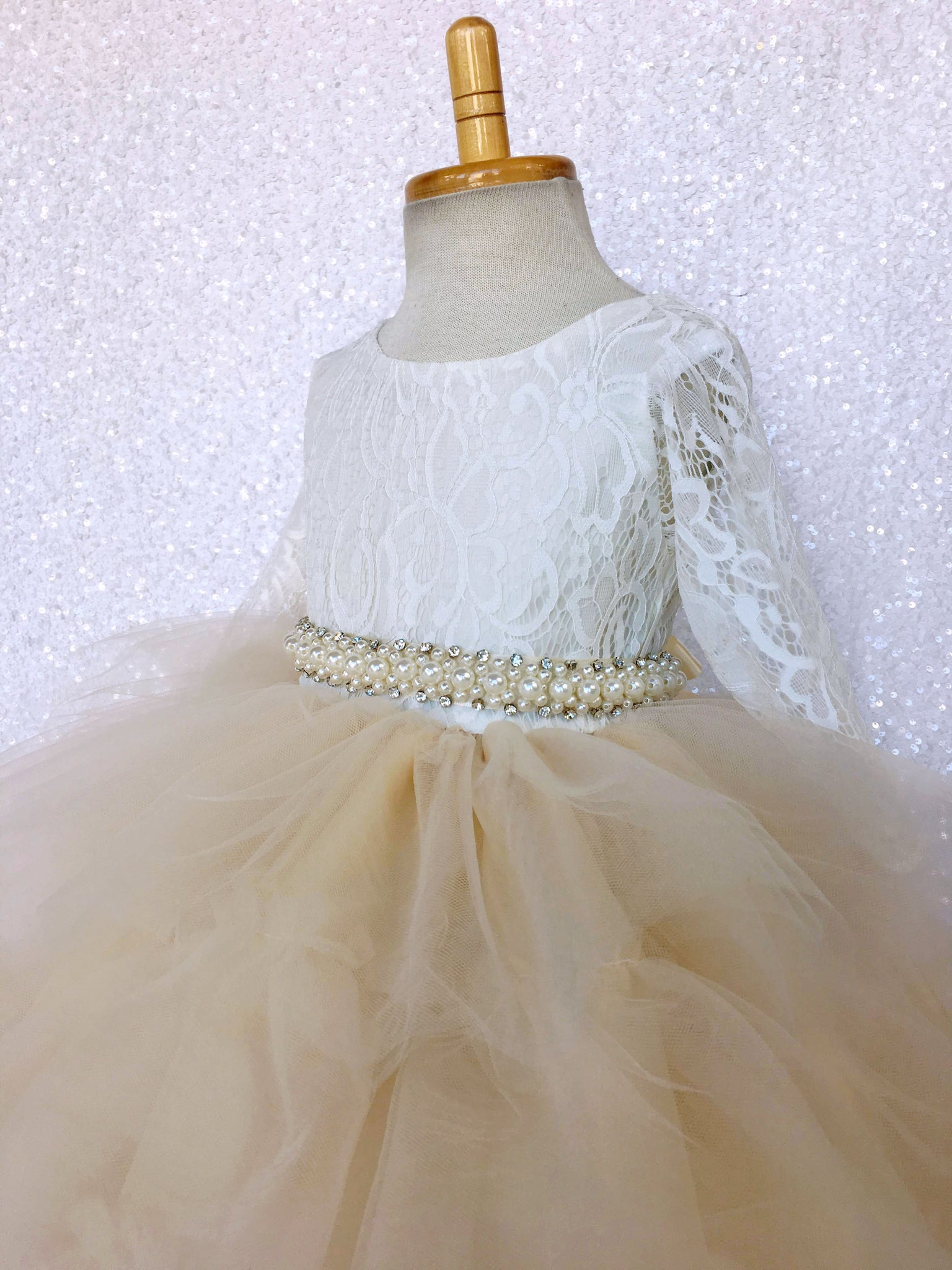 Champagne Tulle High Low Ivory Lace 3/4 Sleeves Dress