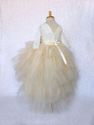 Champagne Tulle High Low Ivory Lace 3/4 Sleeves Dress