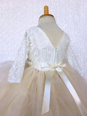 Champagne Tulle High Low Ivory Lace 3/4 Sleeves Dress