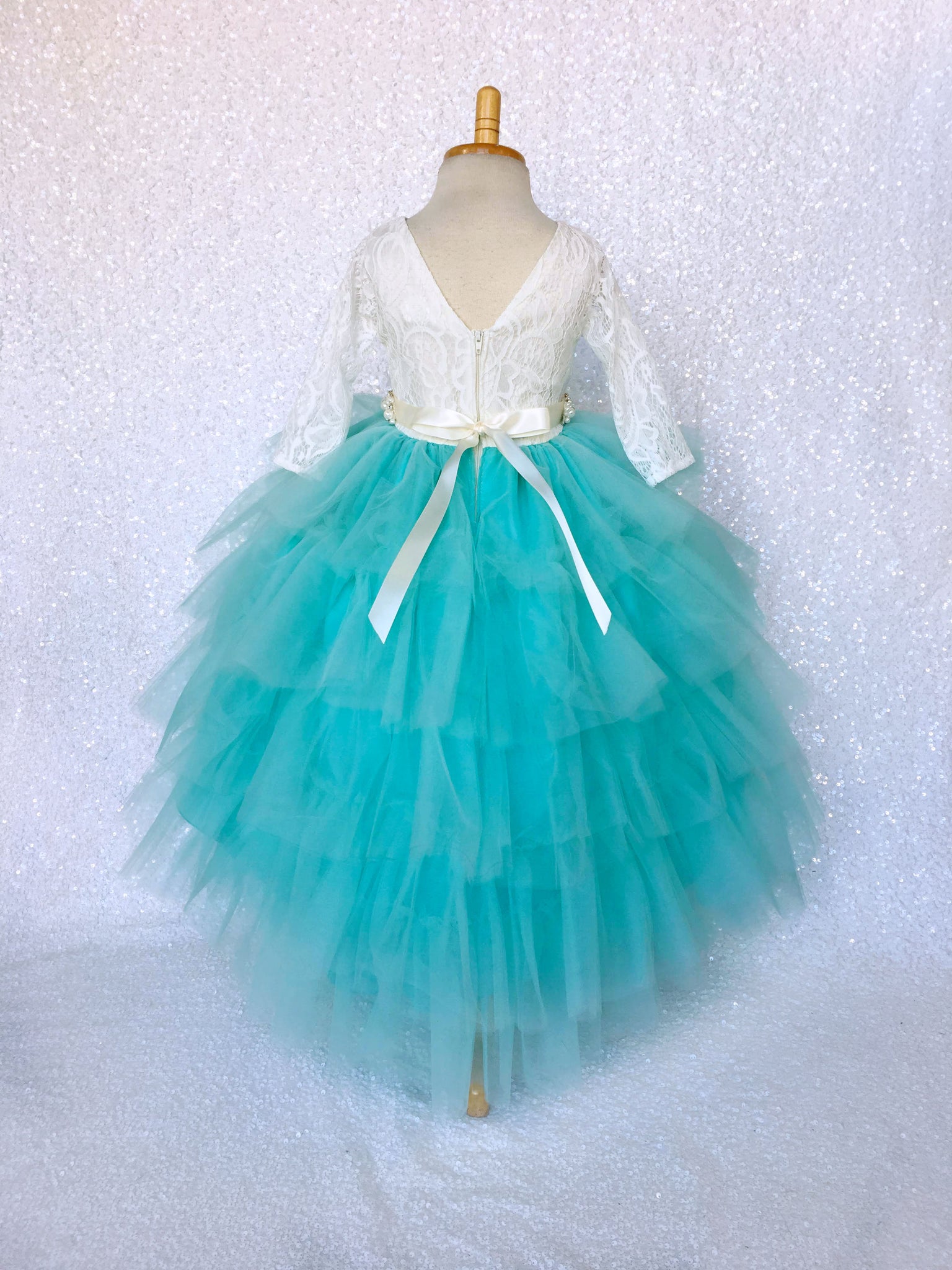 3/4 Sleeves V-Back French Lace Ivory Aqua Tulle Ruffle High Low Dress