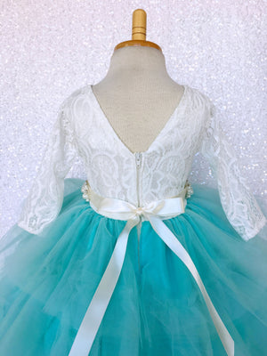 3/4 Sleeves V-Back French Lace Ivory Aqua Tulle Ruffle High Low Dress