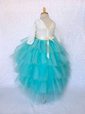 3/4 Sleeves V-Back French Lace Ivory Aqua Tulle Ruffle High Low Dress