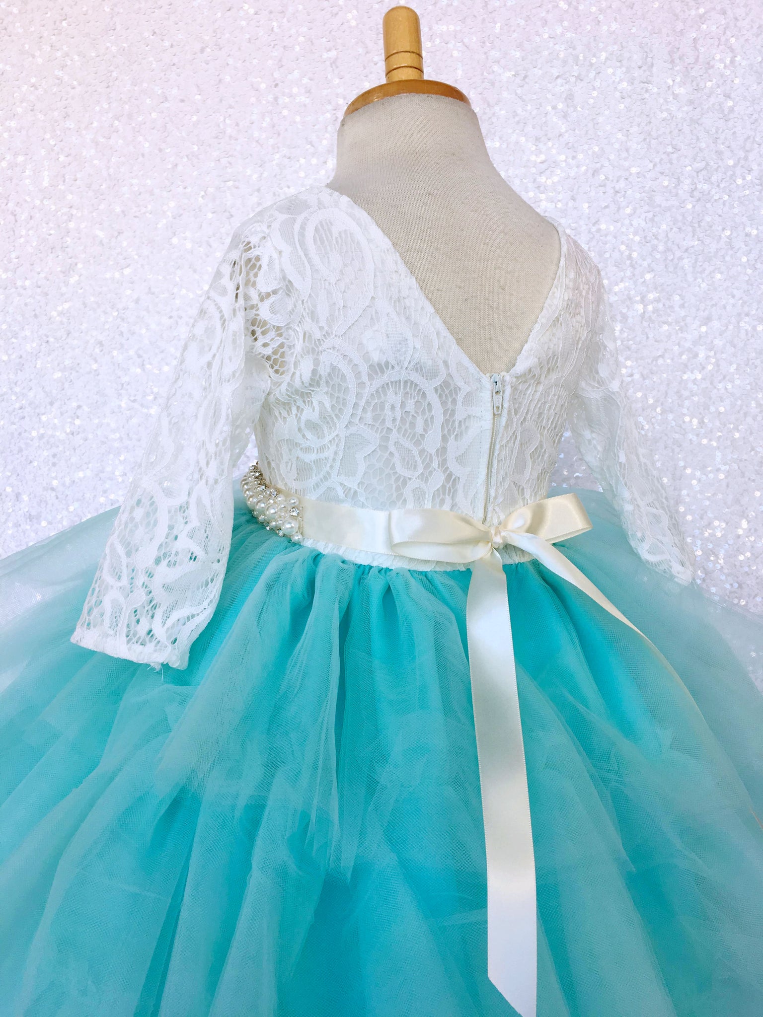 3/4 Sleeves V-Back French Lace Ivory Aqua Tulle Ruffle High Low Dress