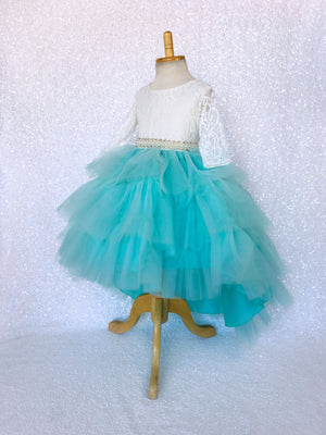 3/4 Sleeves V-Back French Lace Ivory Aqua Tulle Ruffle High Low Dress