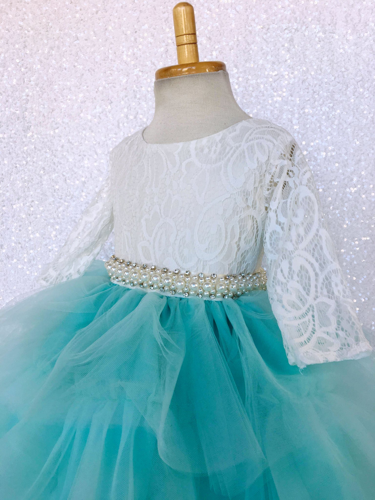 3/4 Sleeves V-Back French Lace Ivory Aqua Tulle Ruffle High Low Dress