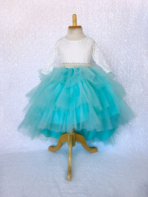 3/4 Sleeves V-Back French Lace Ivory Aqua Tulle Ruffle High Low Dress