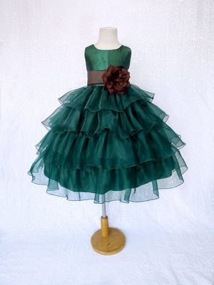 Hunter Green Sleeveless Satin Organza Ruffle Dress