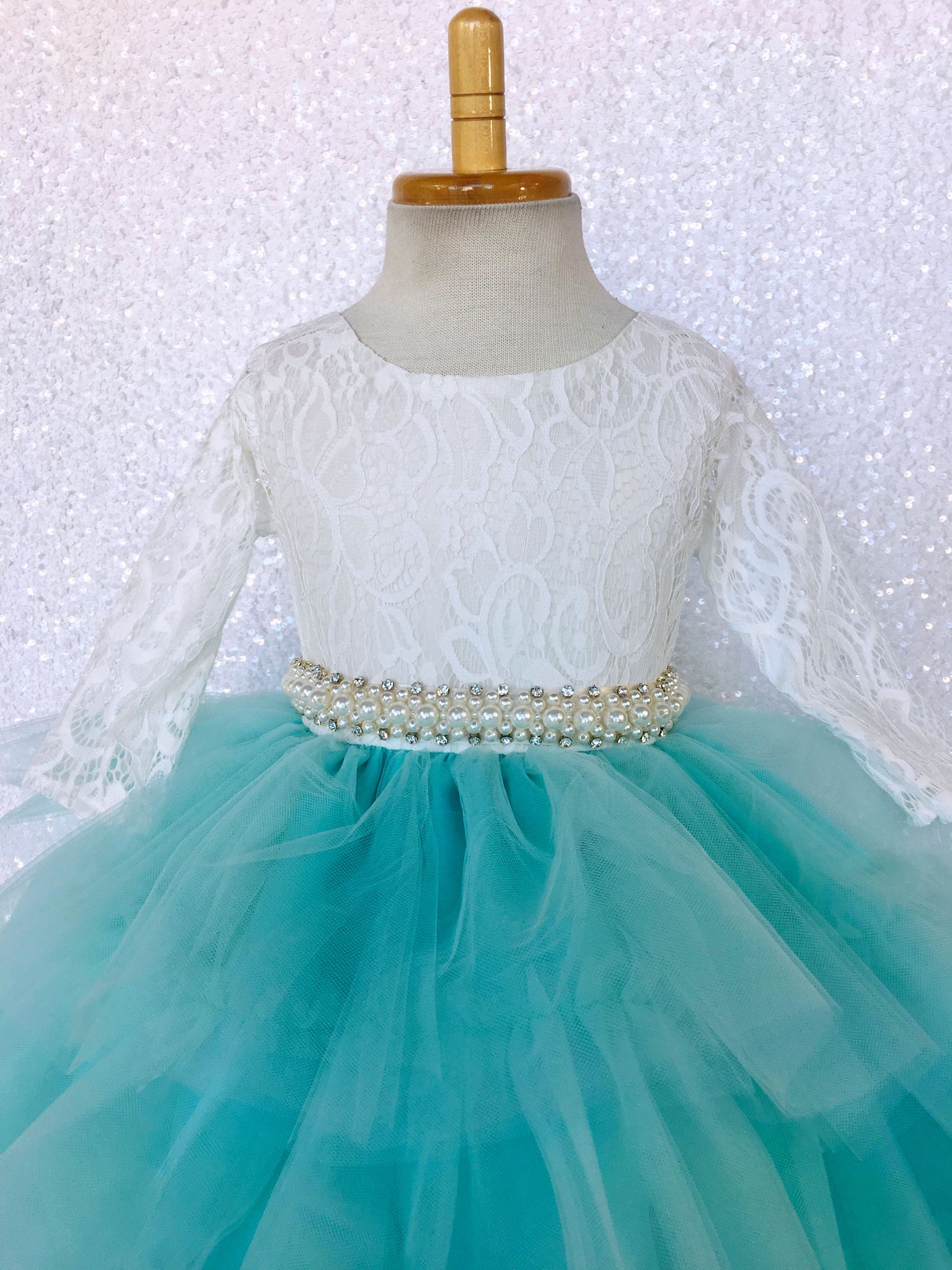 3/4 Sleeves V-Back French Lace Ivory Aqua Tulle Ruffle High Low Dress