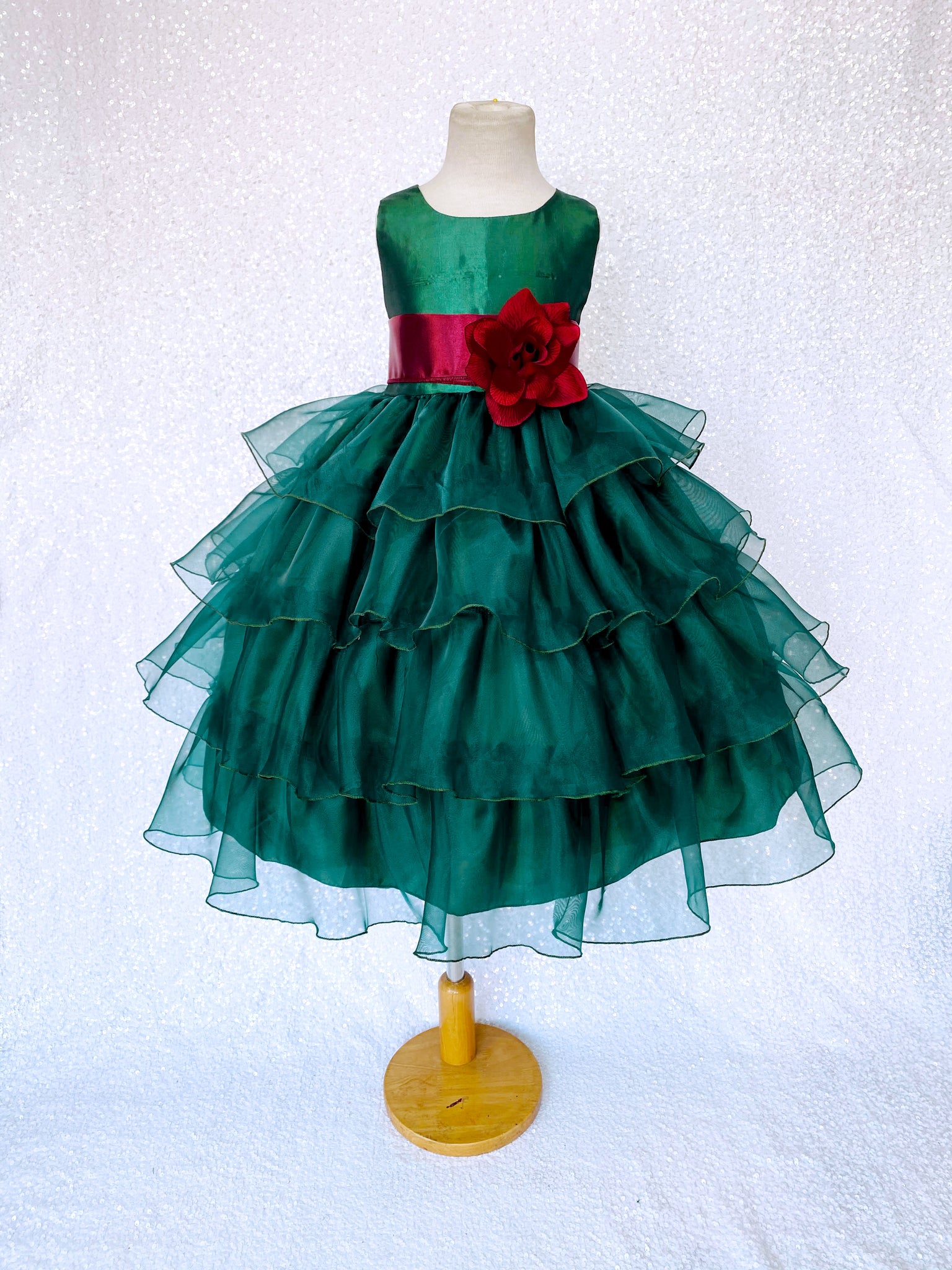 Hunter Green Sleeveless Satin Organza Ruffle Dress