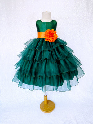 Hunter Green Sleeveless Satin Organza Ruffle Dress