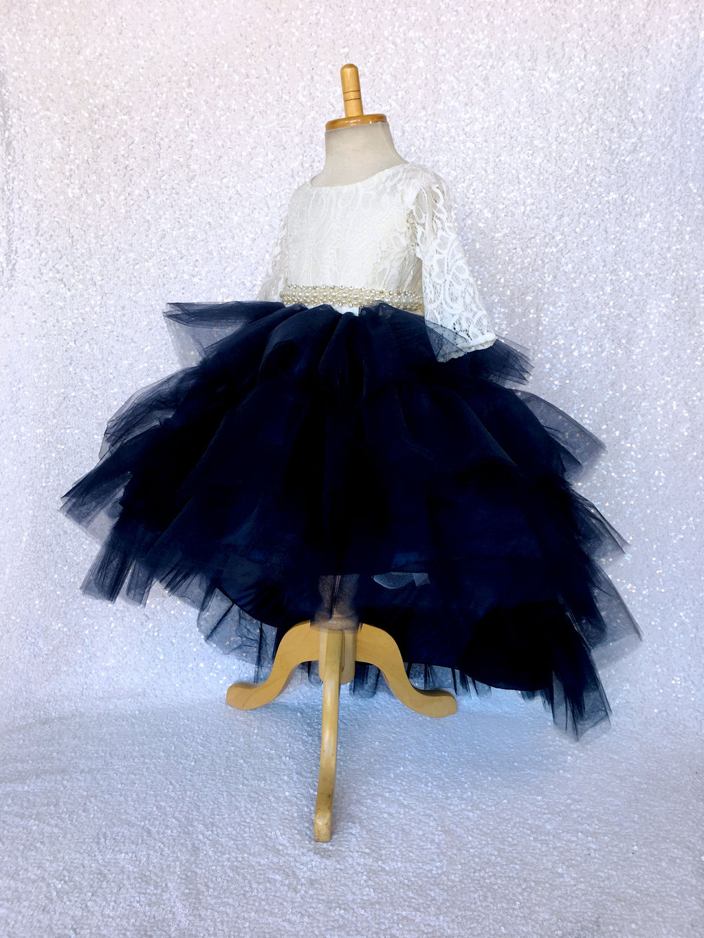 French Lace Ivory Sleeve V-Back Navy Blue Tulle Ruffle Dress