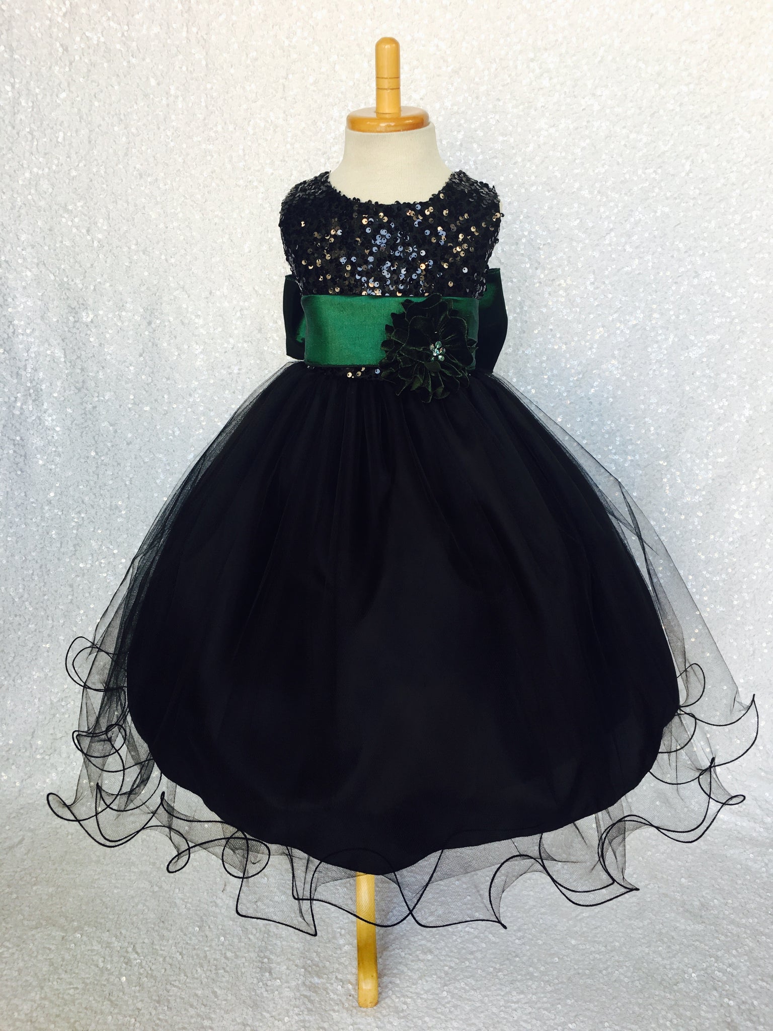 Black Sleeveless 2 Layer Sequence FL Tulle Dress Navy Blue Satin Sash