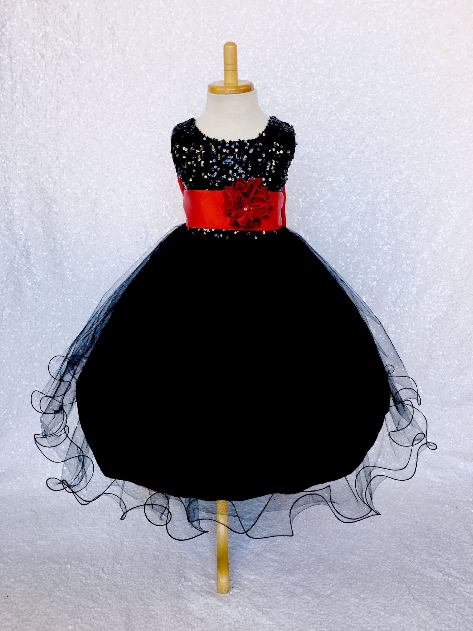 2 Layer Tulle Black Sleeveless Sequin Dress Royal Blue Satin Sash