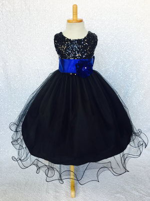 2 Layer Tulle Black Sleeveless Sequin Dress Royal Blue Satin Sash