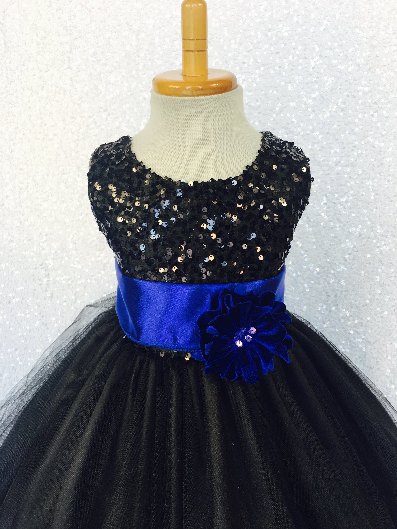 2 Layer Tulle Black Sleeveless Sequin Dress Royal Blue Satin Sash