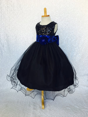 2 Layer Tulle Black Sleeveless Sequin Dress Royal Blue Satin Sash