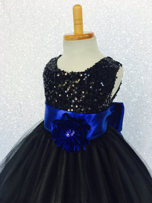 2 Layer Tulle Black Sleeveless Sequin Dress Royal Blue Satin Sash