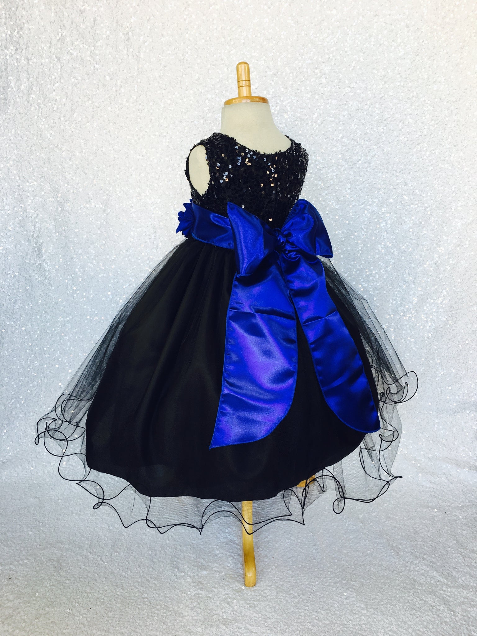 2 Layer Tulle Black Sleeveless Sequin Dress Royal Blue Satin Sash