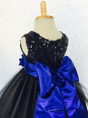 2 Layer Tulle Black Sleeveless Sequin Dress Royal Blue Satin Sash