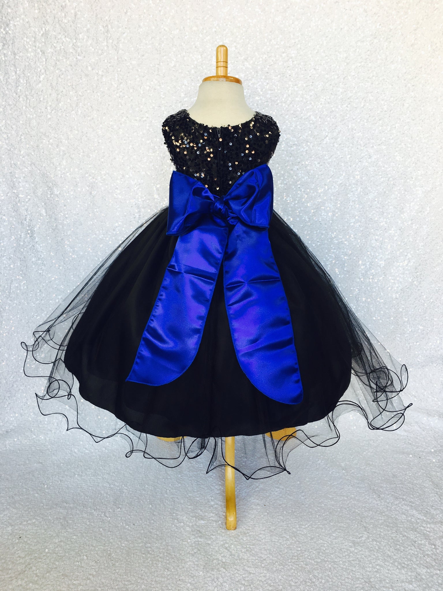 2 Layer Tulle Black Sleeveless Sequin Dress Royal Blue Satin Sash