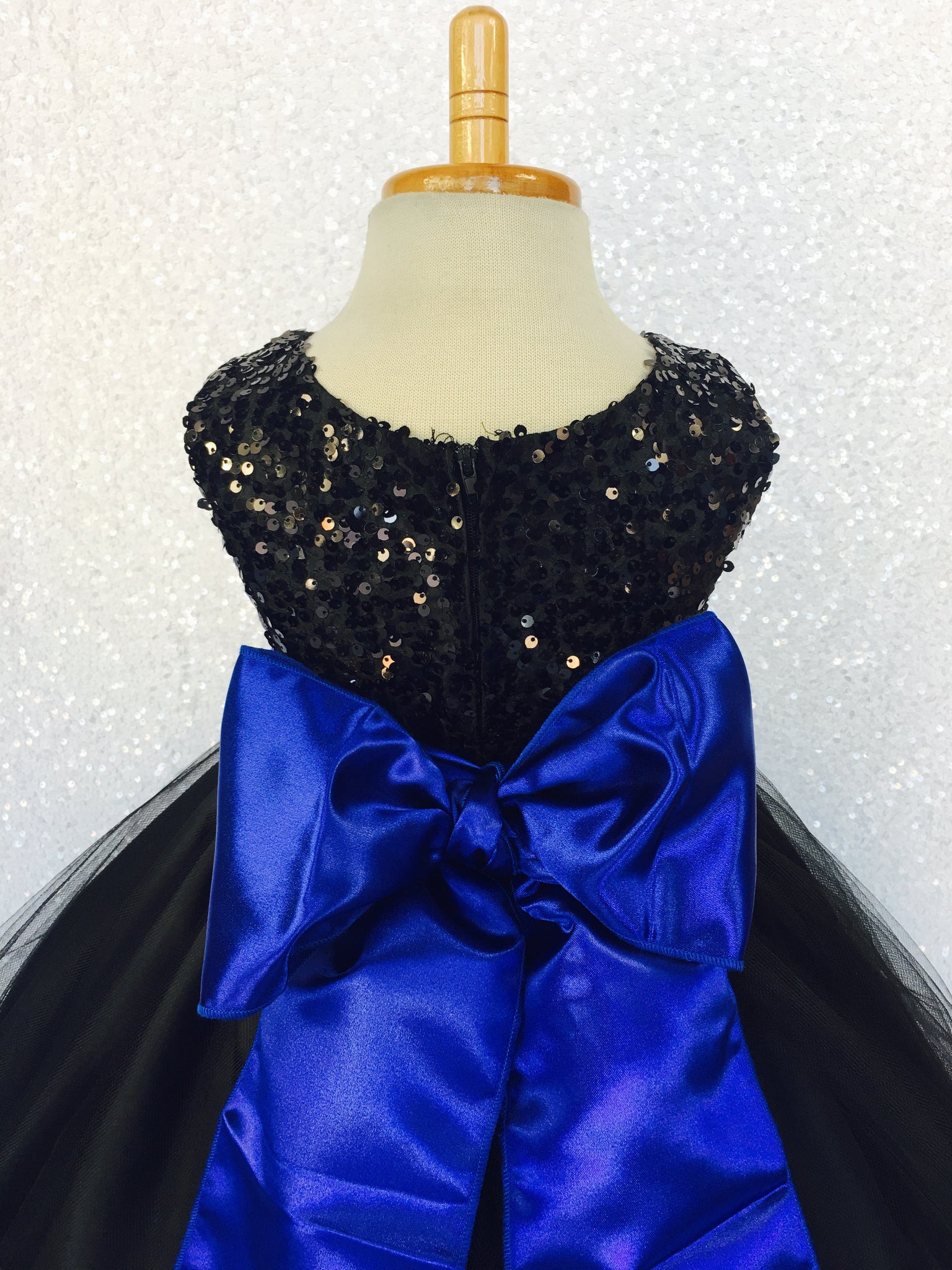 2 Layer Tulle Black Sleeveless Sequin Dress Royal Blue Satin Sash