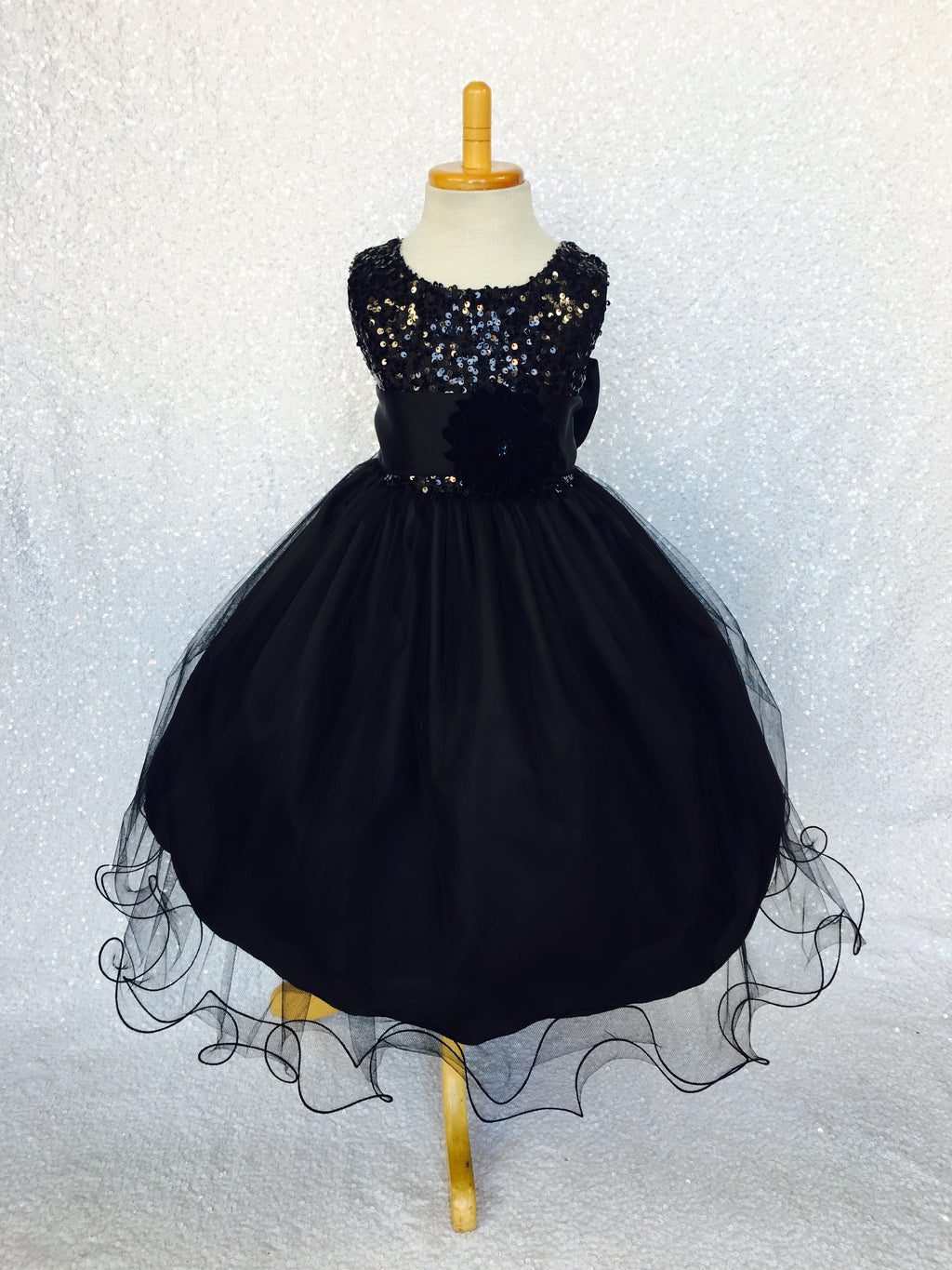 Formal Black Sequence Fishing Line 2 Layer Gown Satin Sash