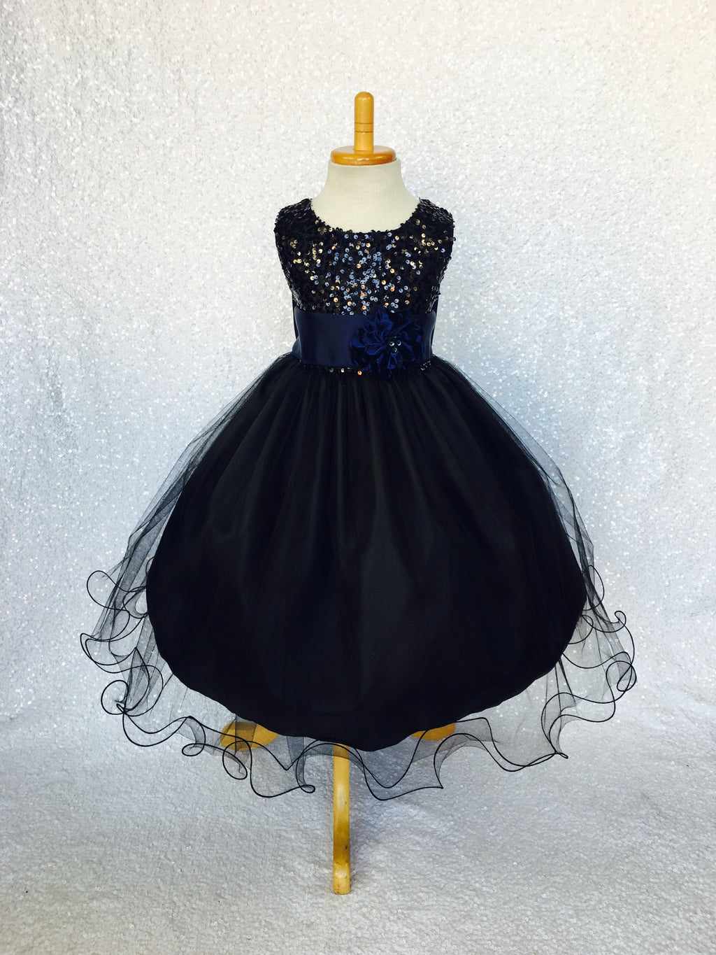 Black Sleeveless 2 Layer Sequence FL Tulle Dress Navy Blue Satin Sash