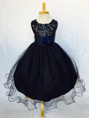 2 Layer Tulle Black Sleeveless Sequin Dress Royal Blue Satin Sash