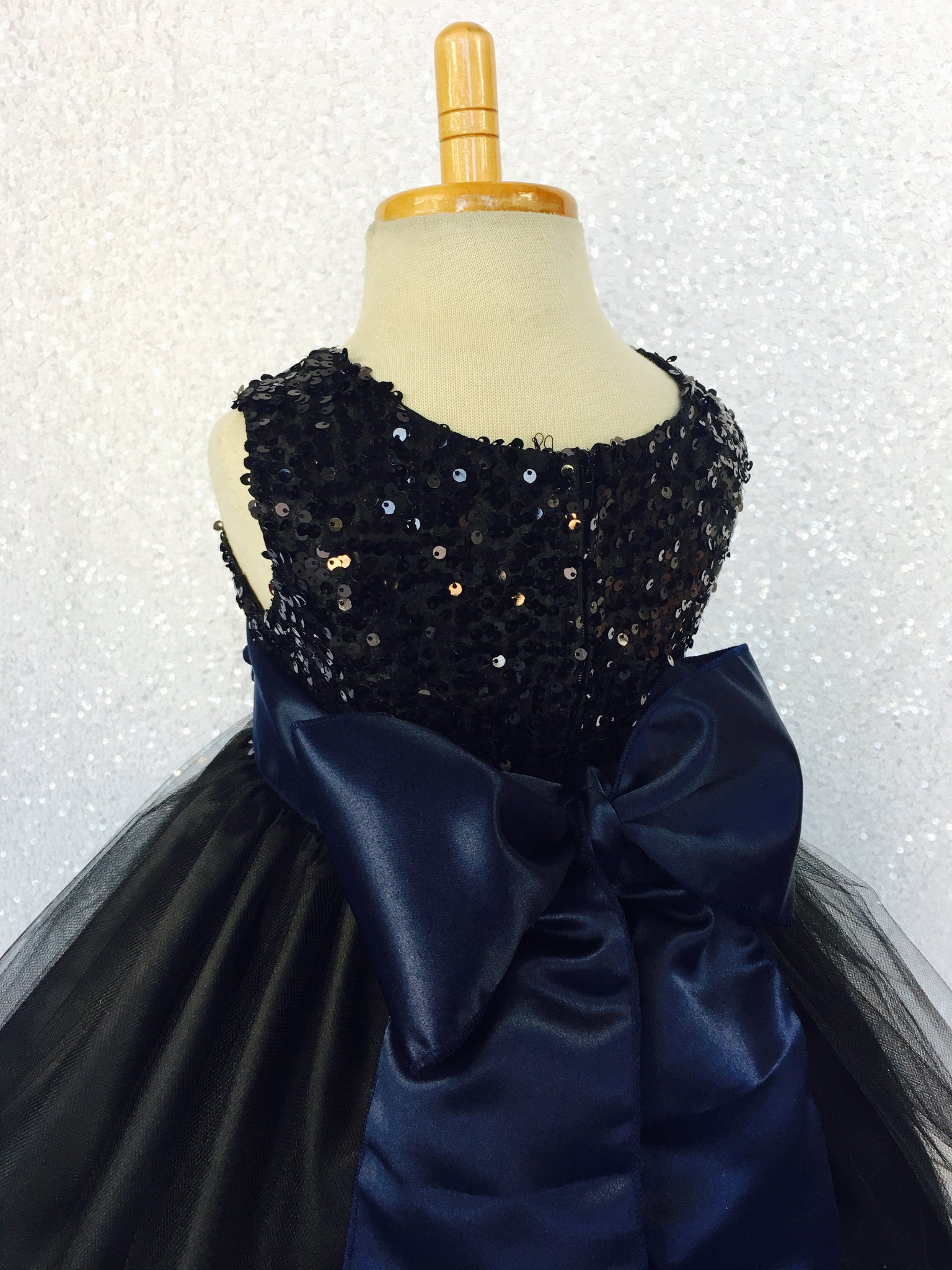 Black Sleeveless 2 Layer Sequence FL Tulle Dress Navy Blue Satin Sash