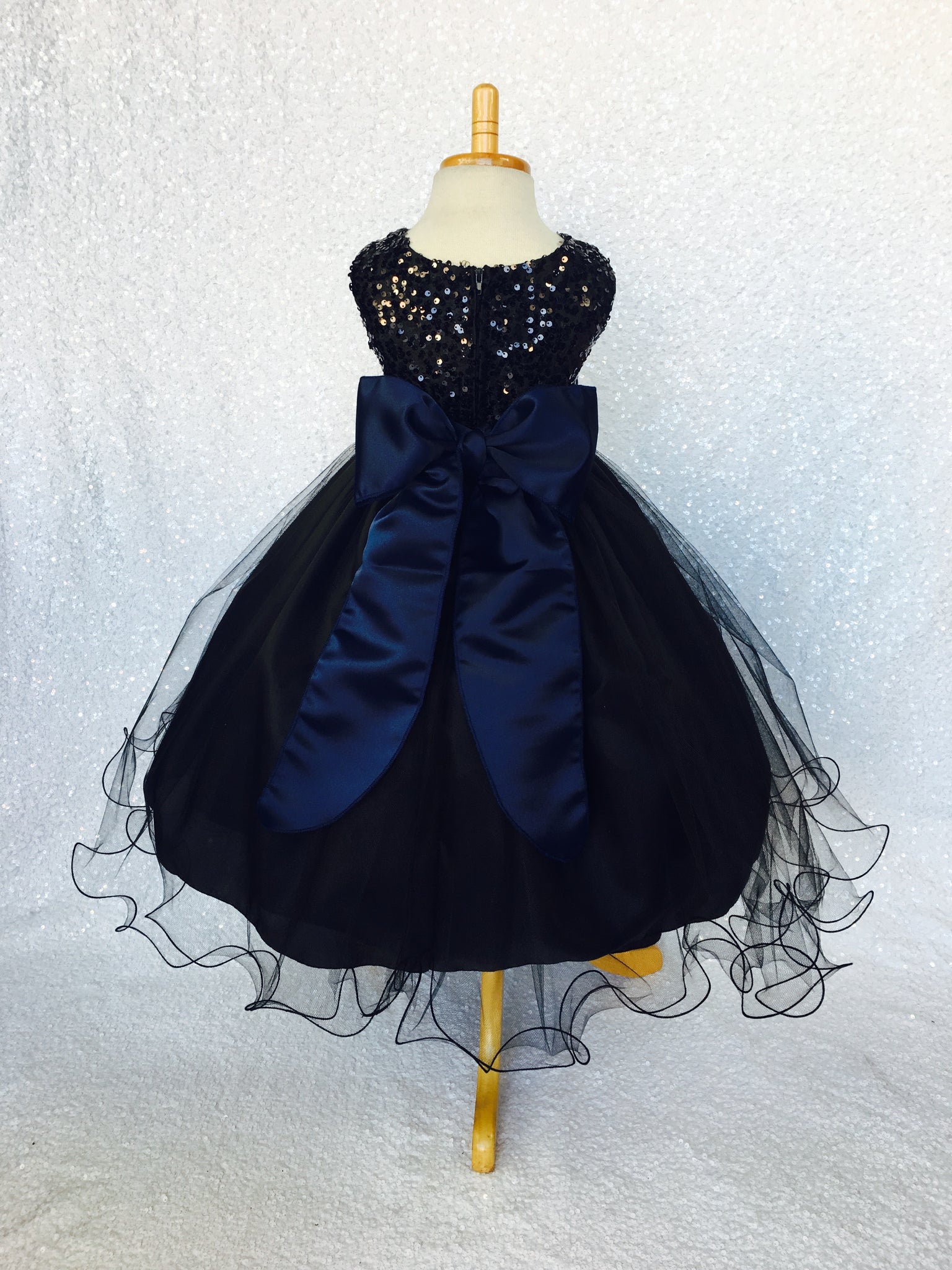 Black Sleeveless 2 Layer Sequence FL Tulle Dress Navy Blue Satin Sash