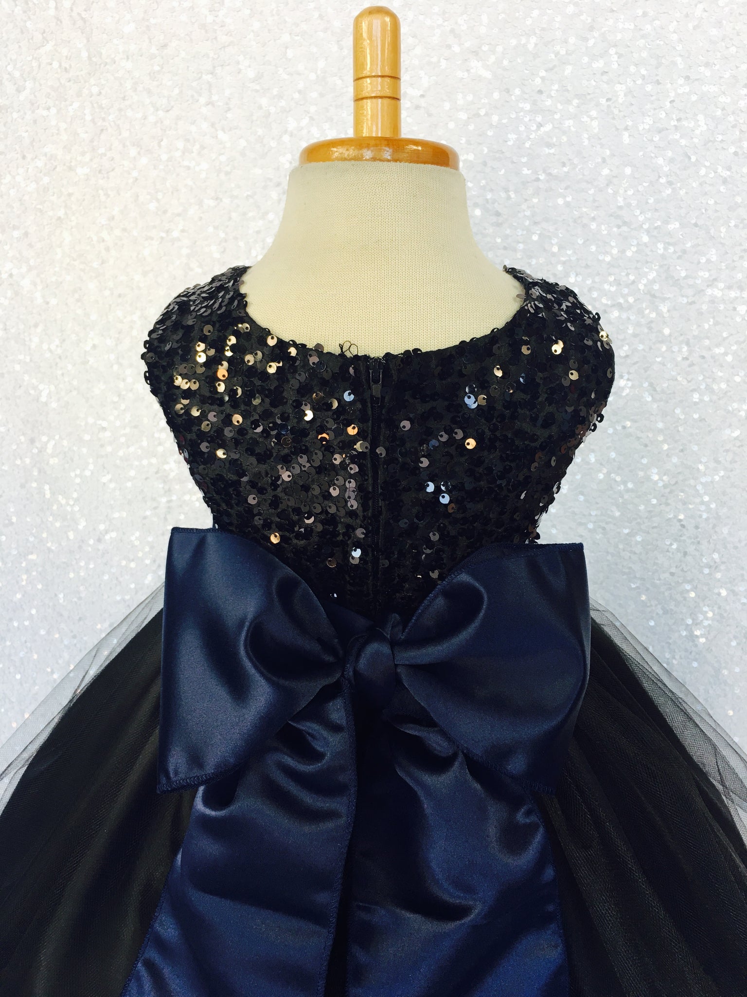 Black Sleeveless 2 Layer Sequence FL Tulle Dress Navy Blue Satin Sash