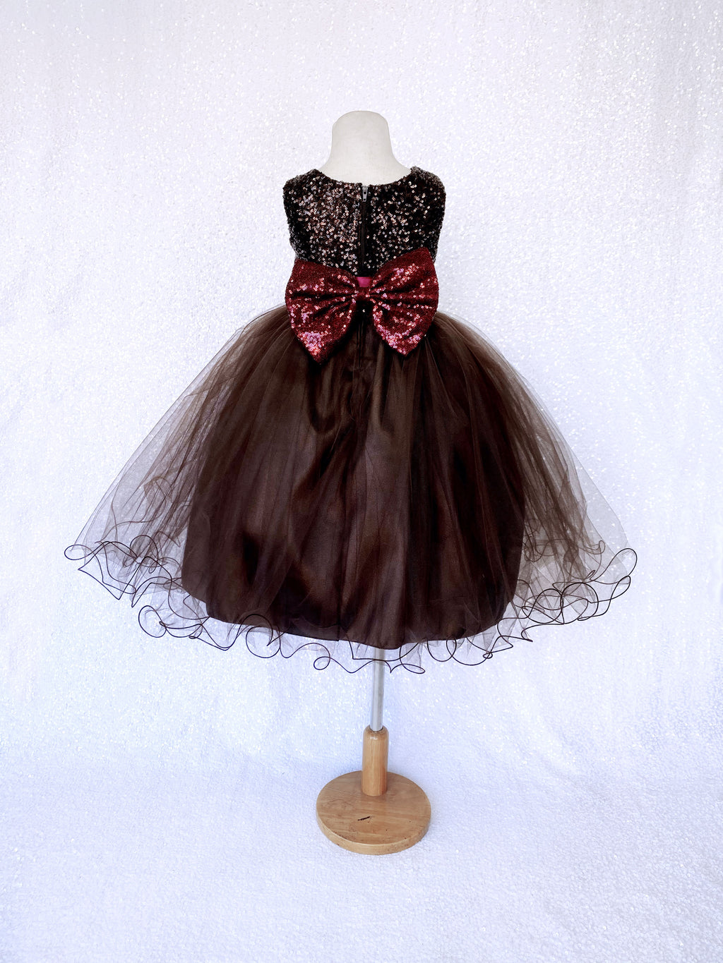 Mini Sequin Burgundy Bow 2 Layer Tulle Fishing Line Brown Dress