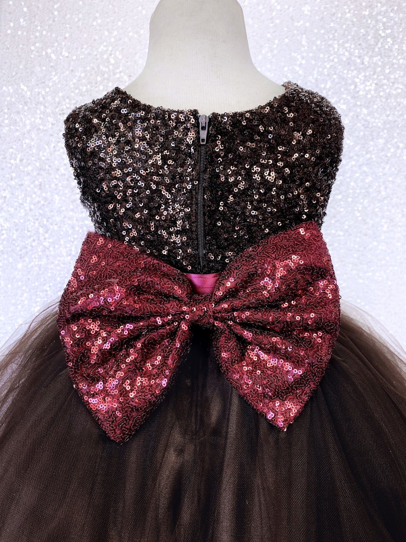 Sleeveless Brown 2 Layer Tulle Mini Sequin Rose Gold Bow Gown