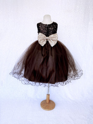 Brown Mini Sequence Champagne Bow 2 Layer Tulle Dress