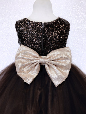 2 Layer Tulle Mini Sequin Brown Gold Bow Gown