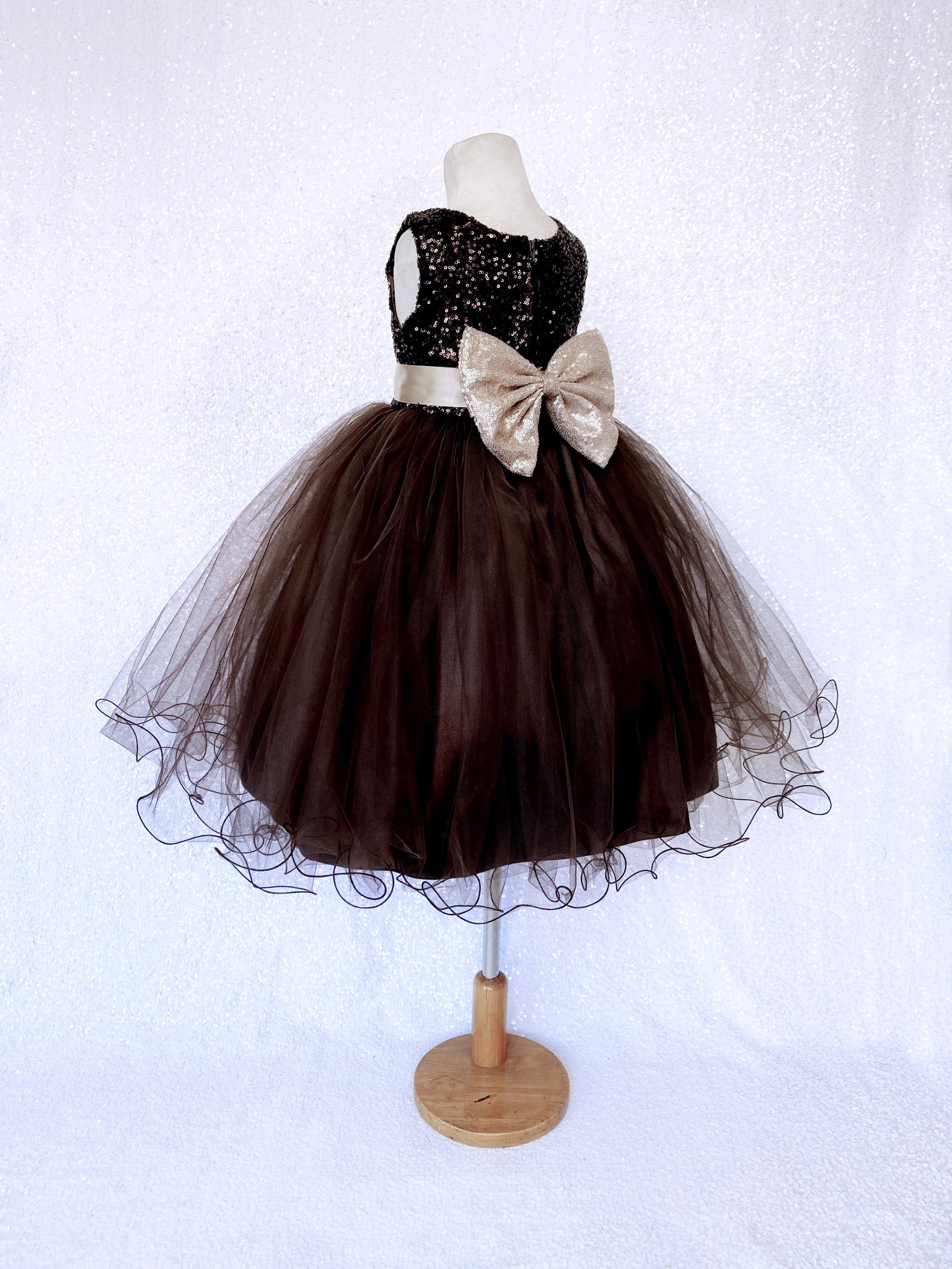 Brown Mini Sequence Champagne Bow 2 Layer Tulle Dress