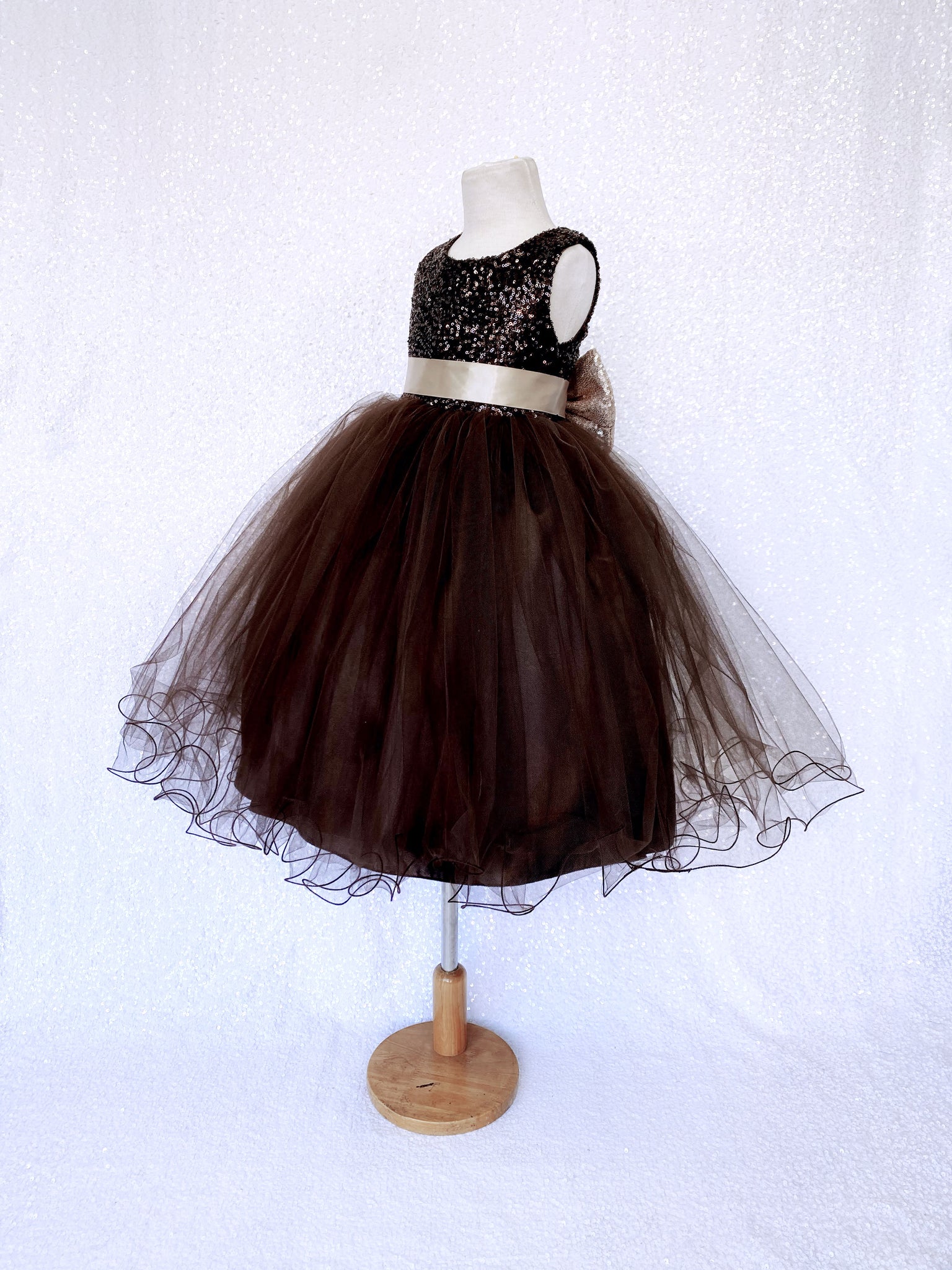 Brown Mini Sequence Champagne Bow 2 Layer Tulle Dress