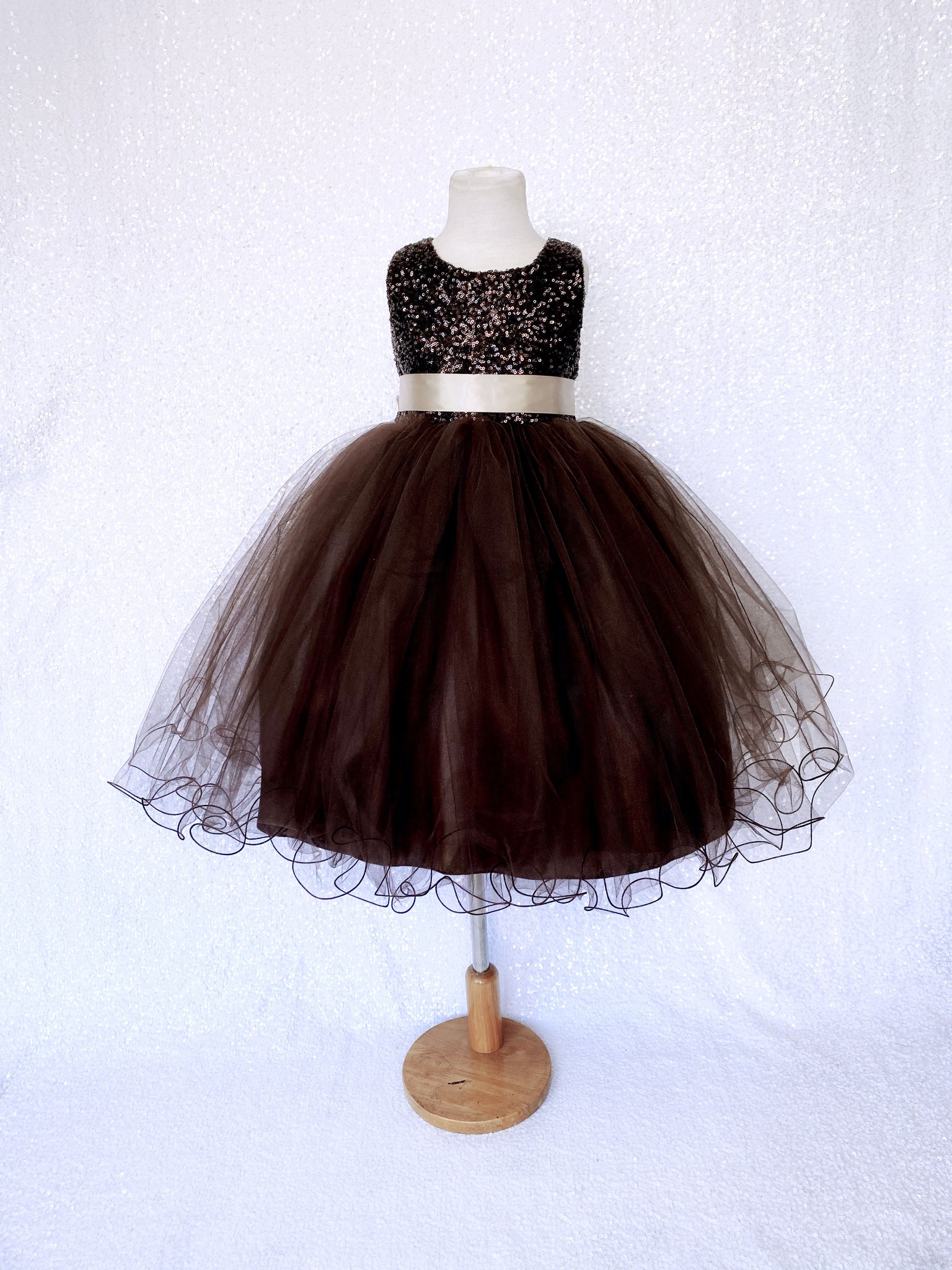 Brown Mini Sequence Champagne Bow 2 Layer Tulle Dress