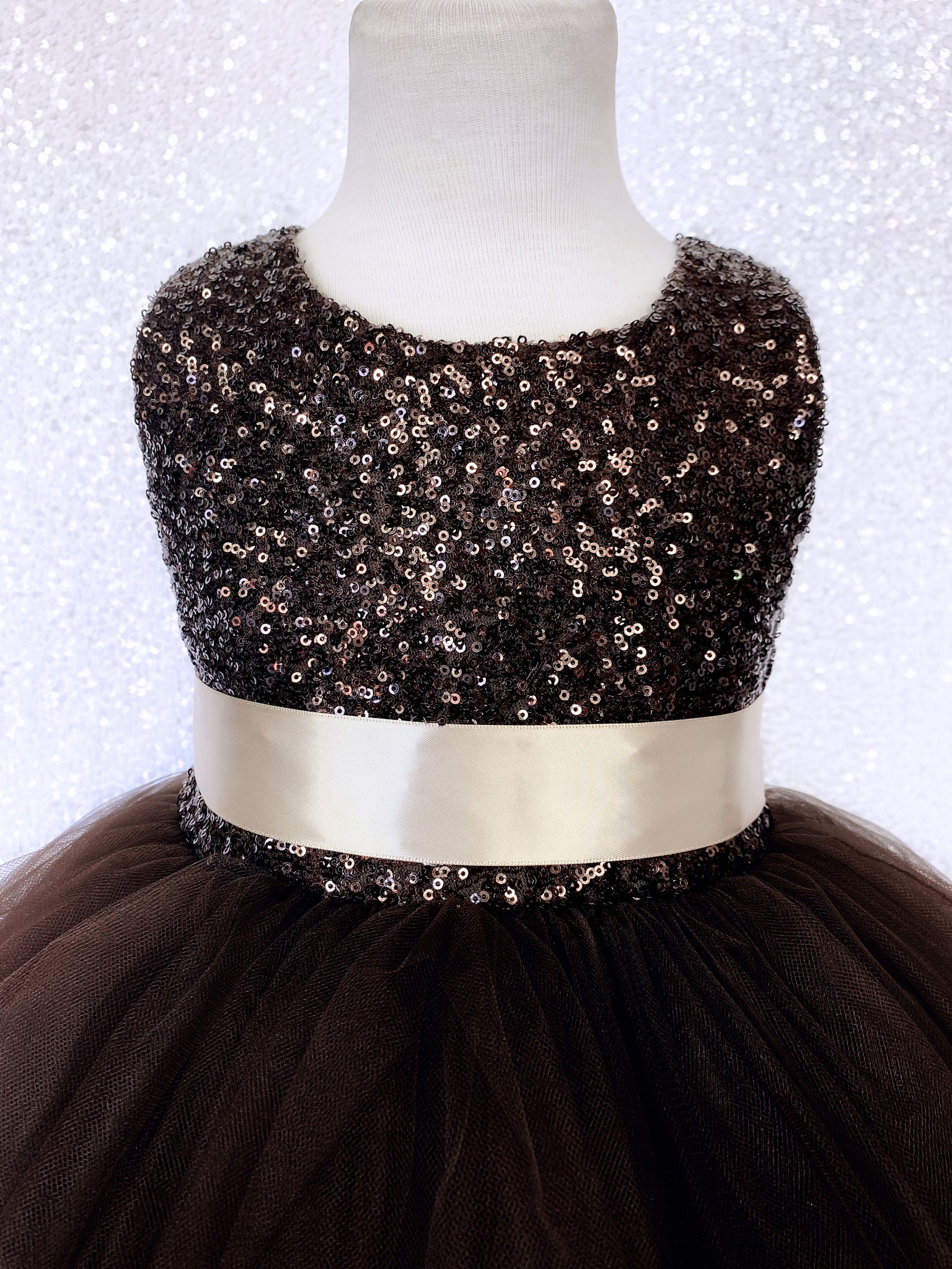 Brown Mini Sequence Champagne Bow 2 Layer Tulle Dress