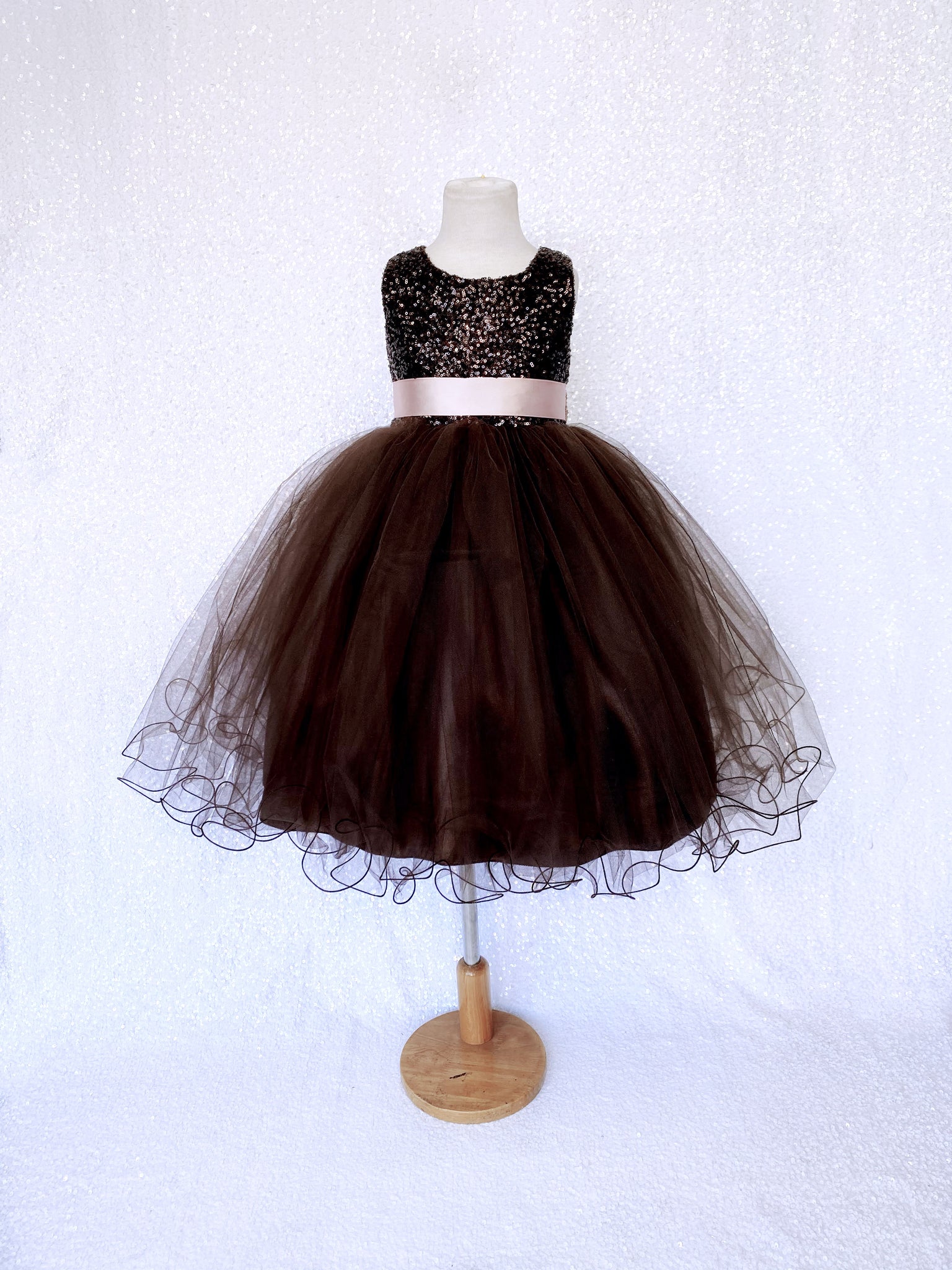 Sleeveless Brown 2 Layer Tulle Mini Sequin Rose Gold Bow Gown