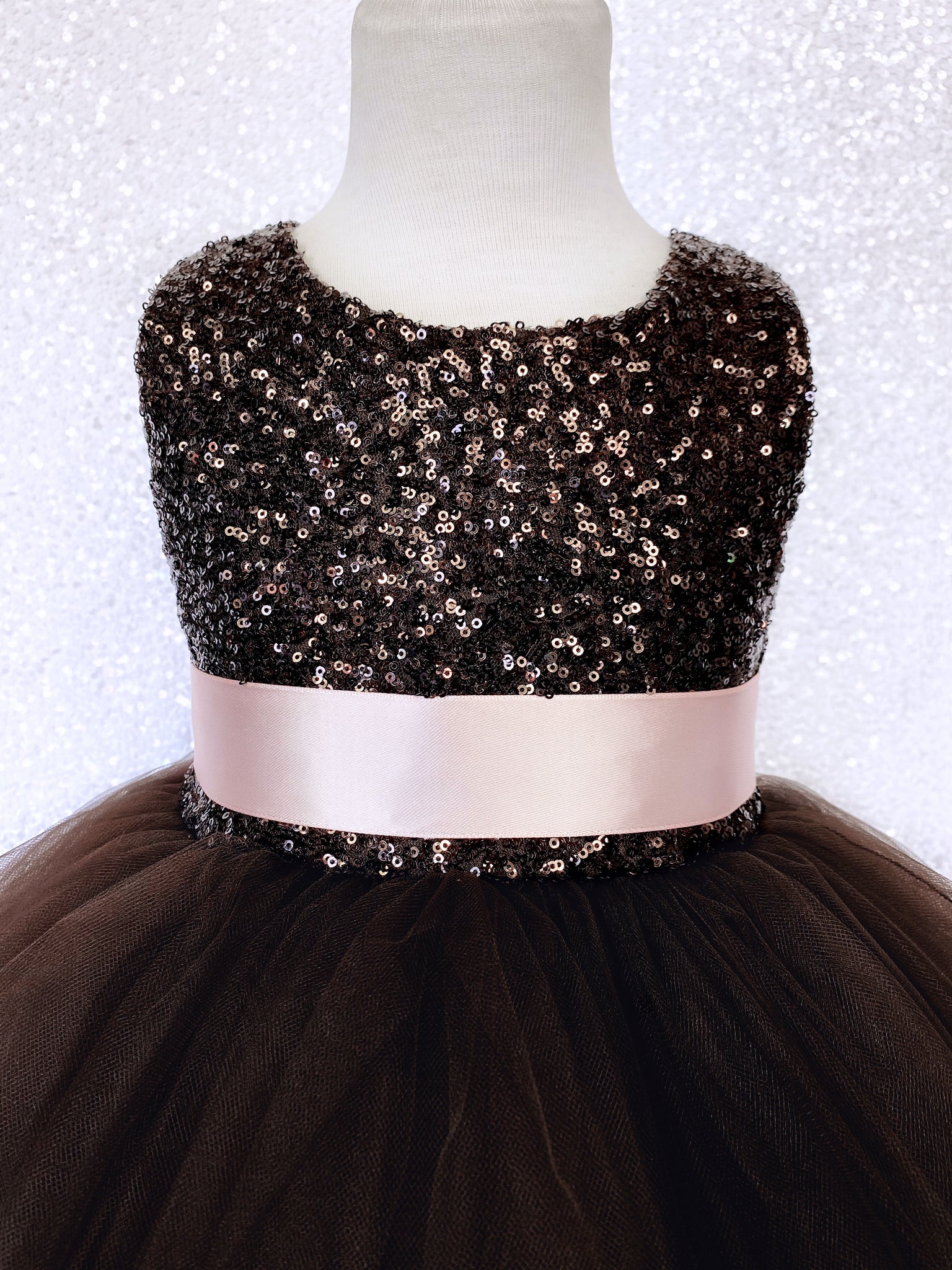 Sleeveless Brown 2 Layer Tulle Mini Sequin Rose Gold Bow Gown