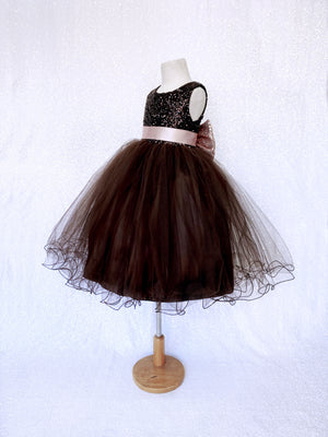 Sleeveless Brown 2 Layer Tulle Mini Sequin Rose Gold Bow Gown