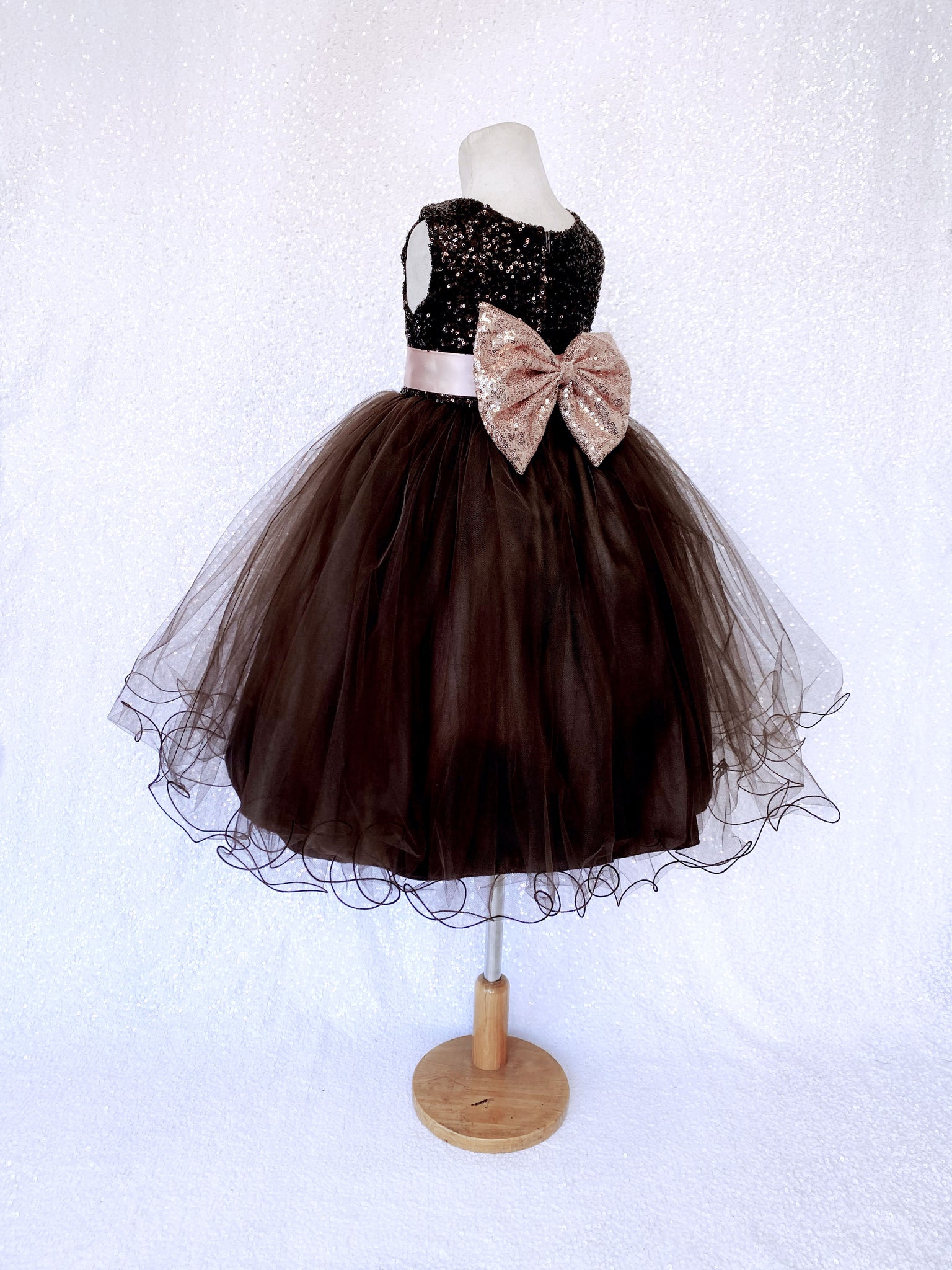 Sleeveless Brown 2 Layer Tulle Mini Sequin Rose Gold Bow Gown