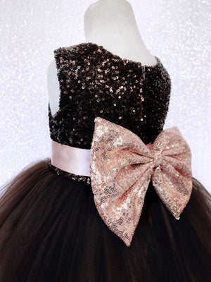 Sleeveless Brown 2 Layer Tulle Mini Sequin Rose Gold Bow Gown