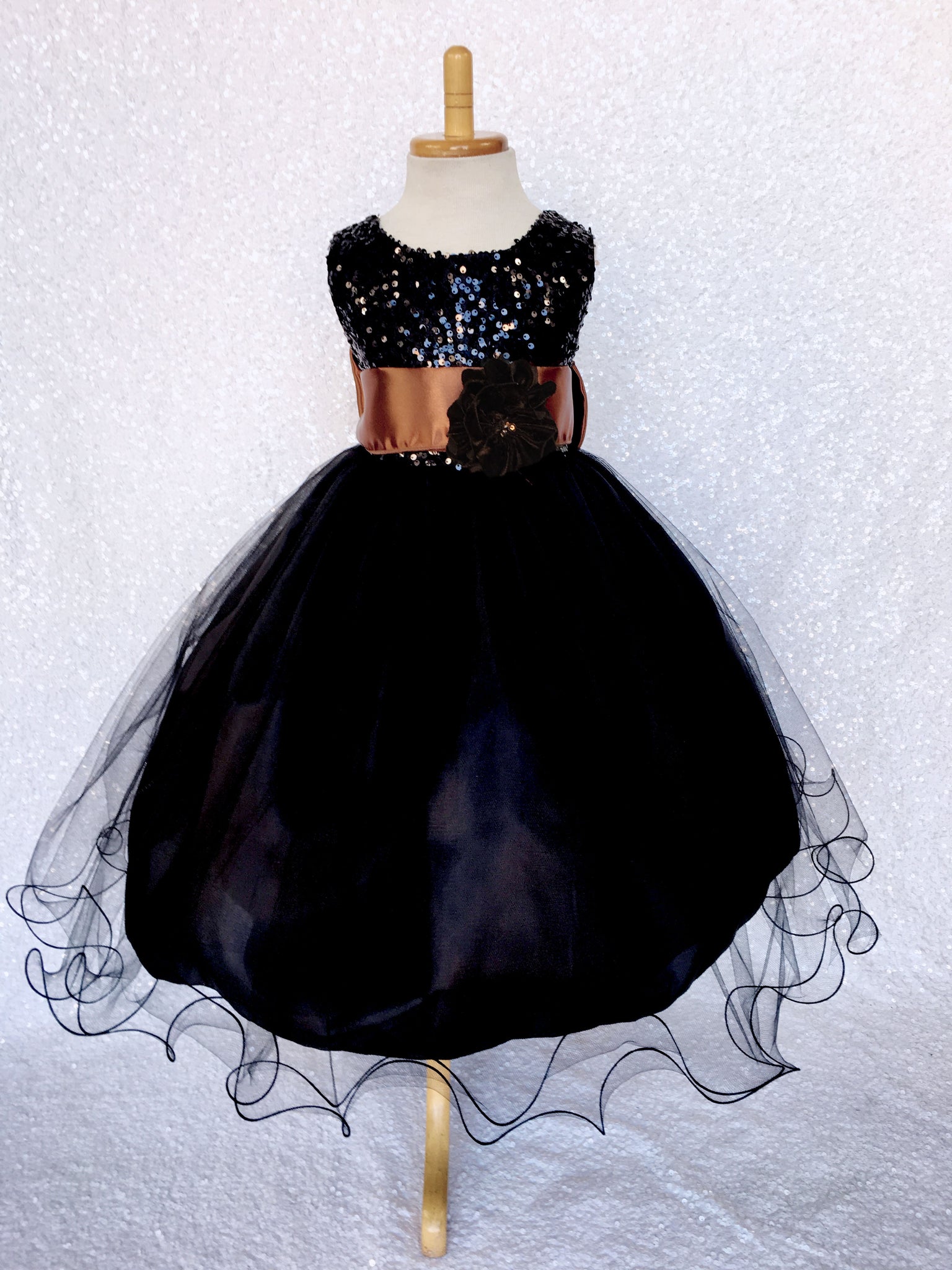 Black Sleeveless 2 Layer Sequence FL Tulle Dress Navy Blue Satin Sash