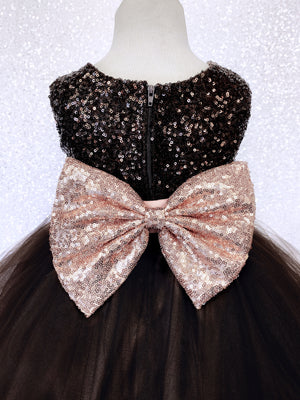 2 Layer Tulle Mini Sequin Brown Gold Bow Gown