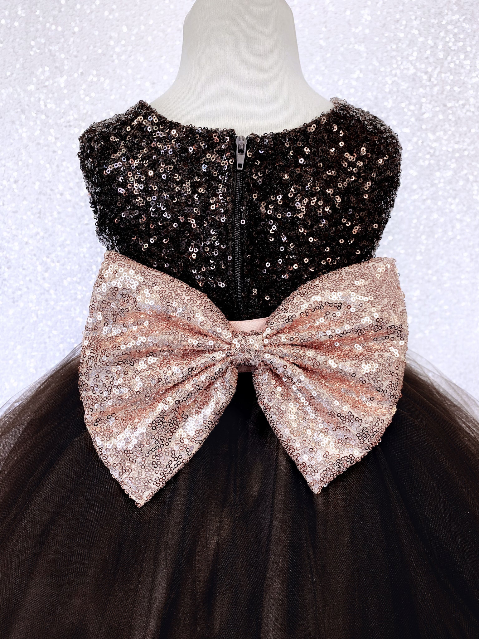 Sleeveless Brown 2 Layer Tulle Mini Sequin Rose Gold Bow Gown