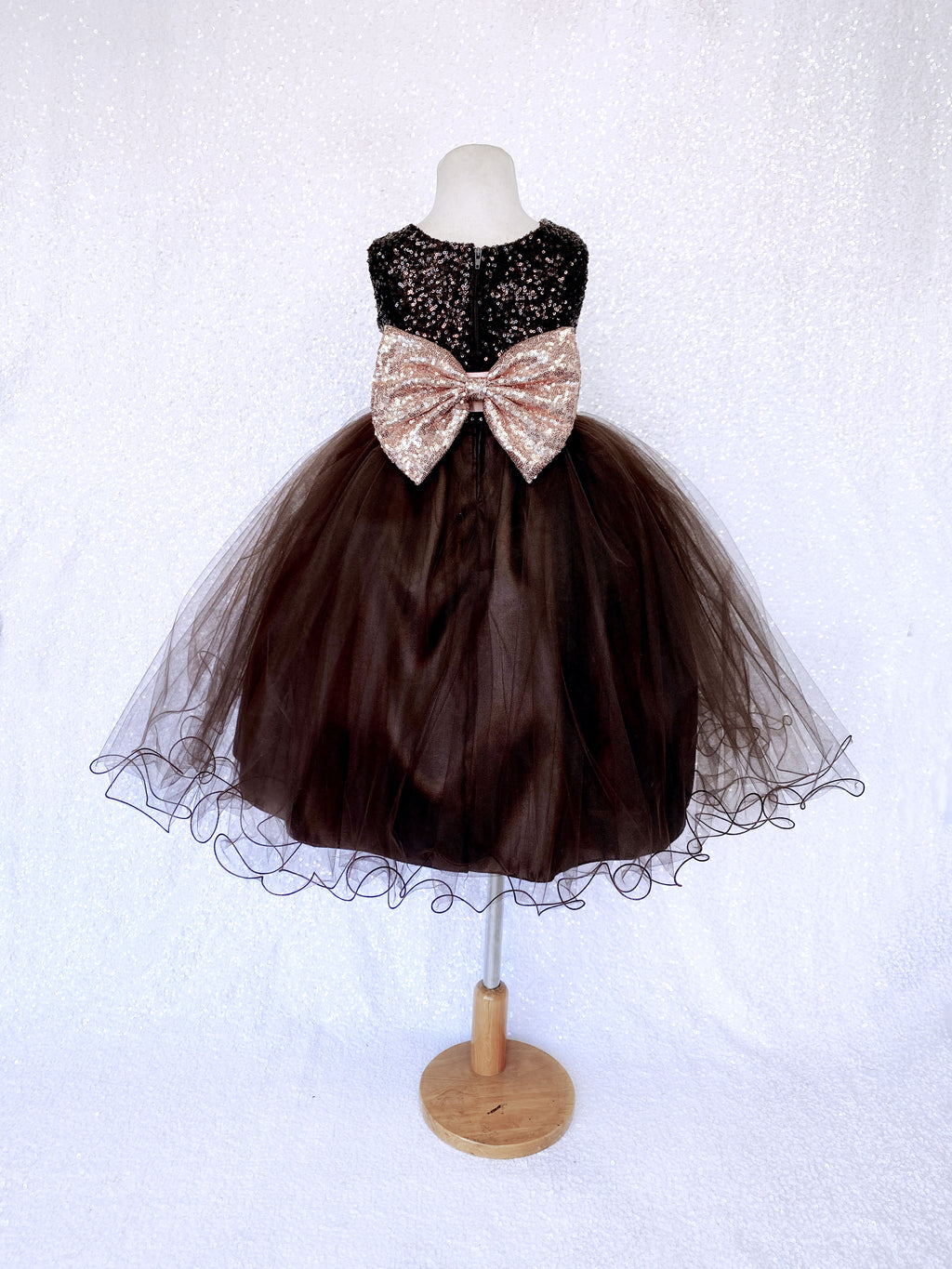 Sleeveless Brown 2 Layer Tulle Mini Sequin Rose Gold Bow Gown