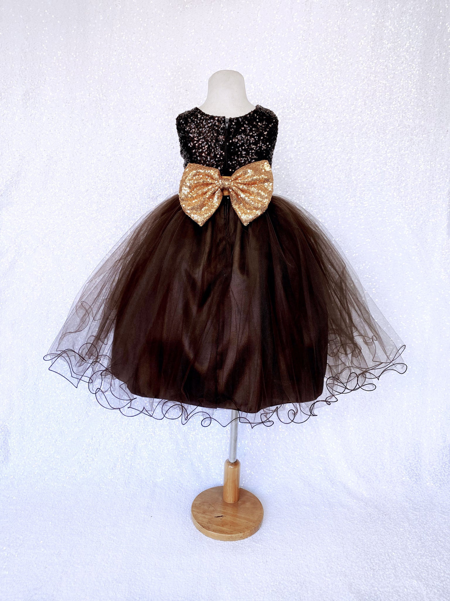 2 Layer Tulle Mini Sequin Brown Gold Bow Gown