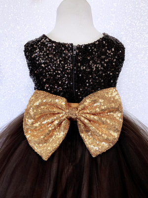 2 Layer Tulle Mini Sequin Brown Gold Bow Gown